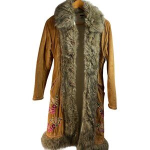 Vintage 70s Penny Lane Sz XS Faux Suede Afghan Fur Trim Coat Embroidered Boho